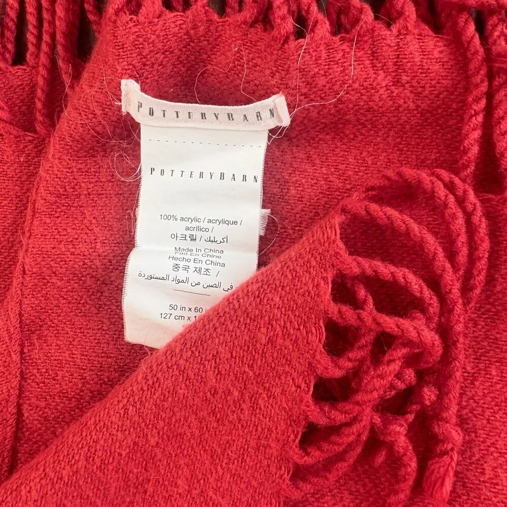 Pottery Barn Classic Red Fringe Throw Blanket 50 X 60 Modern Cozy Home Decor
